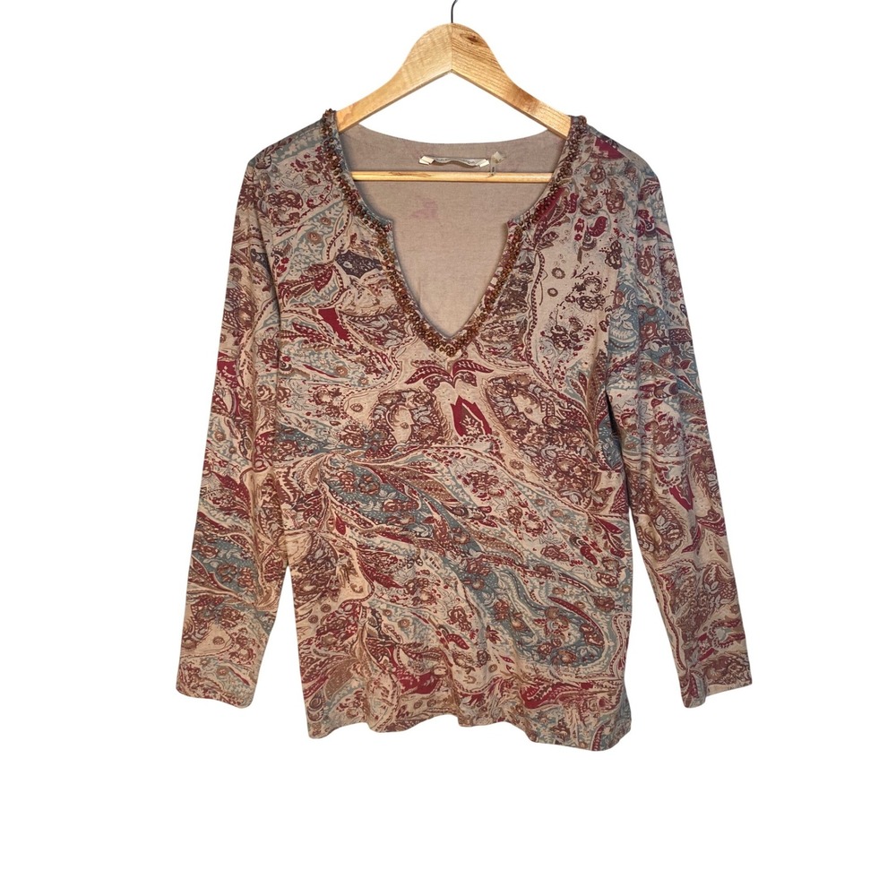 Soft Surroundings Paisley Beaded Top Medium Boho Earthy Artsy Stretch